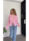 Julya Pembe Fırfırlı Premium Şifon Gömlek