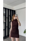 Kahve Alexa Balıkçı Yaka Yandan Büzgülü Elbise