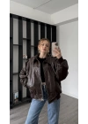 Kahve Amy Dikiş Detaylı Oversize Deri Ceket
