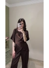 Kahve Aura Bağcıklı Saten Takım