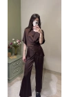 Kahve Aura Bağcıklı Saten Takım