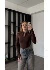 Kahve Ester Fermuar Yakalı Bodysuit