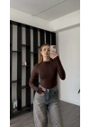 Kahve Ester Fermuar Yakalı Bodysuit