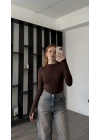 Kahve Ester Fermuar Yakalı Bodysuit
