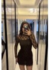 Kahve İç Astarlı Dantelli Elbise