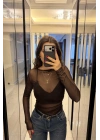 Kahve Jenna Transparan Tül Bluz