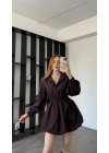 Kahve Kendra Balon Etekli Gömlek Elbise