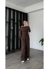 Kahve Lumi Asimetirk Kayık Yaka Modal Takım