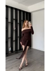Kahve Mery Kuşak Detaylı Madonna Elbise