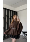Kahve Rozy Kemerli Kaşe Panço