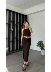Kahve Selina Dokulu Bluz Etek 2’li Takım