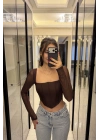 Kahve Tül Kollu Korse Bluz