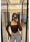 Kahve Tül Kollu Korse Bluz