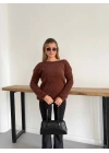 Kayık Yaka Peluş Kazak Kahve