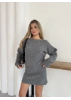 Kayık Yaka Yumuşak Dokulu Triko Mini Elbise Antrasit