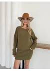 Kayık Yaka Yumuşak Dokulu Triko Mini Elbise Haki