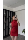 Kırmızı Alexa Balıkçı Yaka Yandan Büzgülü Elbise