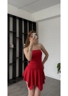 Kırmızı Freya Straplez Asimetrik Elbise
