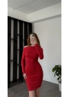 Kırmızı Osha Düşük Omuzlu Kalem Elbise