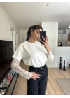Kolları Dantel Detaylı Bluz Beyaz