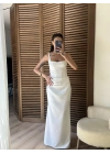 Korse Detaylı Drapeli Maxi Elbise Beyaz