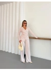 Kruvaze Kesim Drape Detaylı Takım Bej