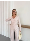 Kruvaze Kesim Drape Detaylı Takım Bej