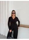 Kruvaze Kesim Drape Detaylı Takım Siyah