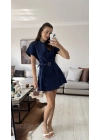 Lacivert Alexa Kemerli Pileli Elbise
