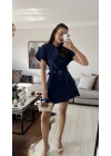 Lacivert Alexa Kemerli Pileli Elbise