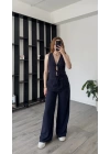 Lacivert Celin Bağcıklı Keten Takım