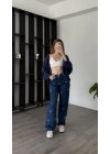 Lacivert Kurdele Nakışlı Jean