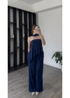 Lacivert Lina Şal Detaylı Asimetrik Straplez Takım