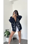 Lacivert Lisa Nakış İşlemeli Kimono