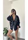 Lacivert Lisa Nakış İşlemeli Kimono