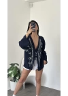 Lacivert Lisa Nakış İşlemeli Kimono