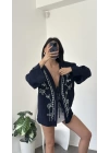 Lacivert Lisa Nakış İşlemeli Kimono