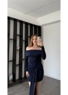Lacivert Mery Kuşak Detaylı Madonna Elbise