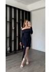 Lacivert Mery Kuşak Detaylı Madonna Elbise
