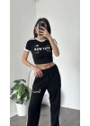 Karen Siyah Çizgi Detaylı Crop-Eşofman Takım