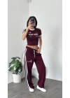 Karen Bordo Çizgi Detaylı Crop-Eşofman Takım