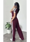 Karen Bordo Çizgi Detaylı Crop-Eşofman Takım
