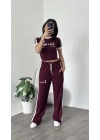 Karen Bordo Çizgi Detaylı Crop-Eşofman Takım