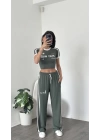 Karen Yeşil Çizgi Detaylı Crop-Eşofman Takım