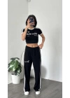 Karen Siyah Çizgi Detaylı Crop-Eşofman Takım