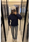 Lacivert Tara Kol Detaylı Basic Sweatshirt