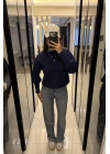 Lacivert Tara Kol Detaylı Basic Sweatshirt