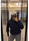 Lacivert Tara Kol Detaylı Basic Sweatshirt