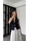 Lacivert Vionna Yaka Detaylı Bağcıklı Yelek