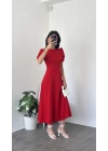 Lara Kırmızı Balon Kol Elbise